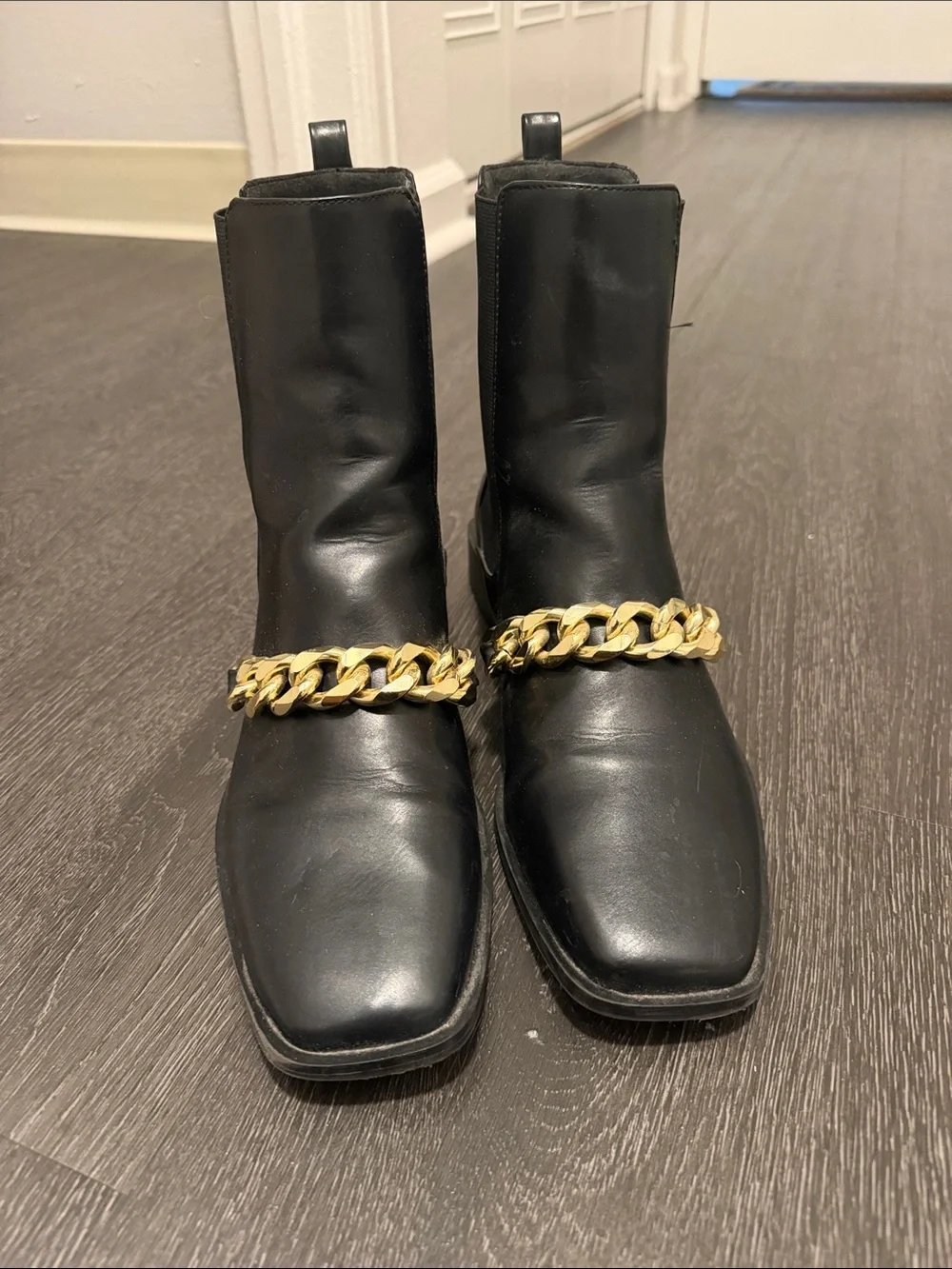 Black Leather Ankle Boots with Gold Chain